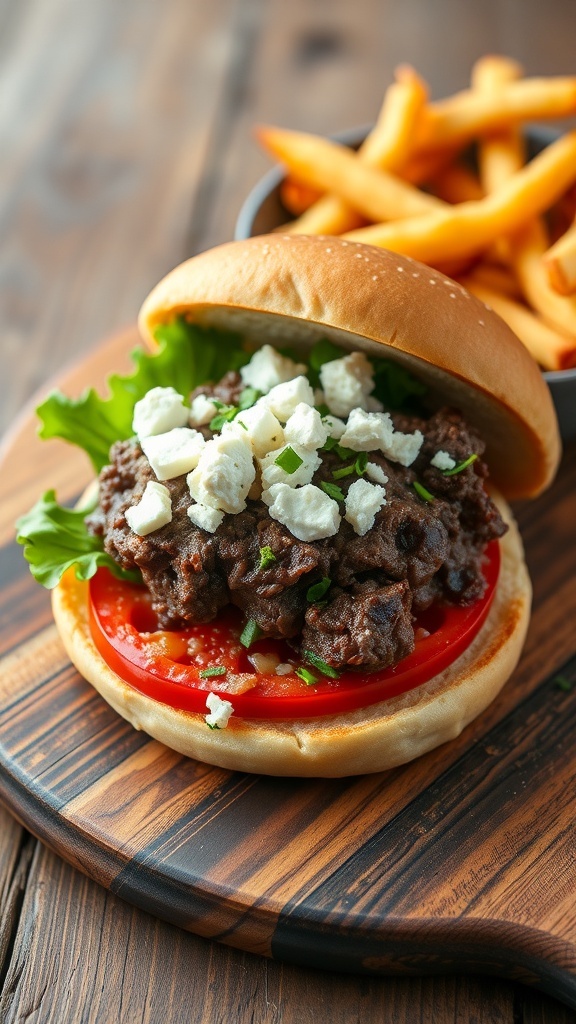 A feta and herb lamb burger with lettuce and tomato on a toasted bun, served with fries.
